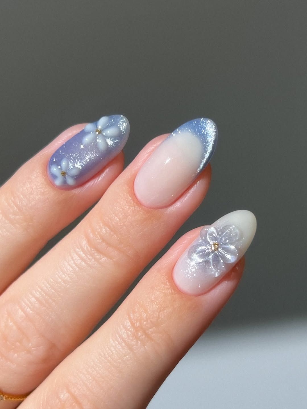 Pale Blue Glitter French 3D Flowers Pale Blue Glitter French 3D Flowers — Winter to Spring Transition Nails