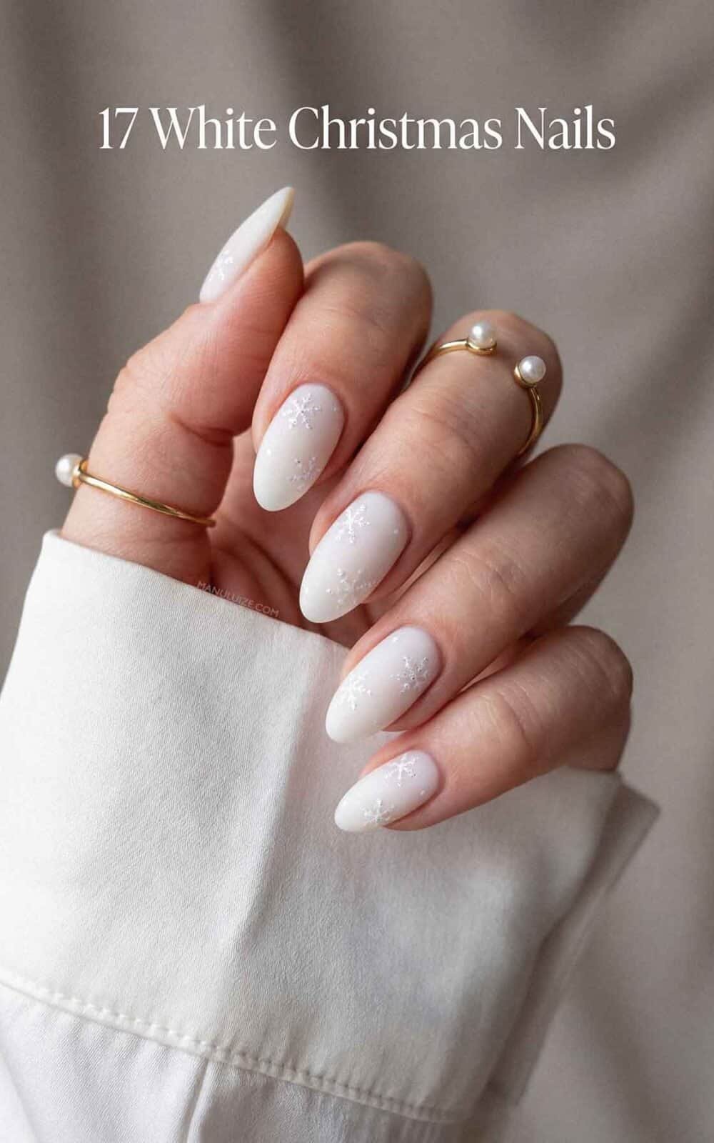 Matte White Snowflake Decal Oval Nails — Winter White Nails