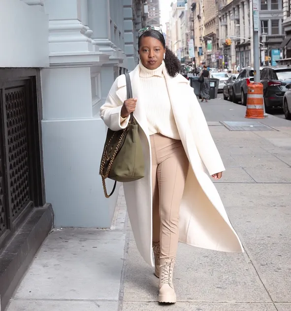 Cream Knit Sweater and Long Coat with Beige Trousers Cream Knit Sweater and Long Coat with Beige Trousers — January Outfits