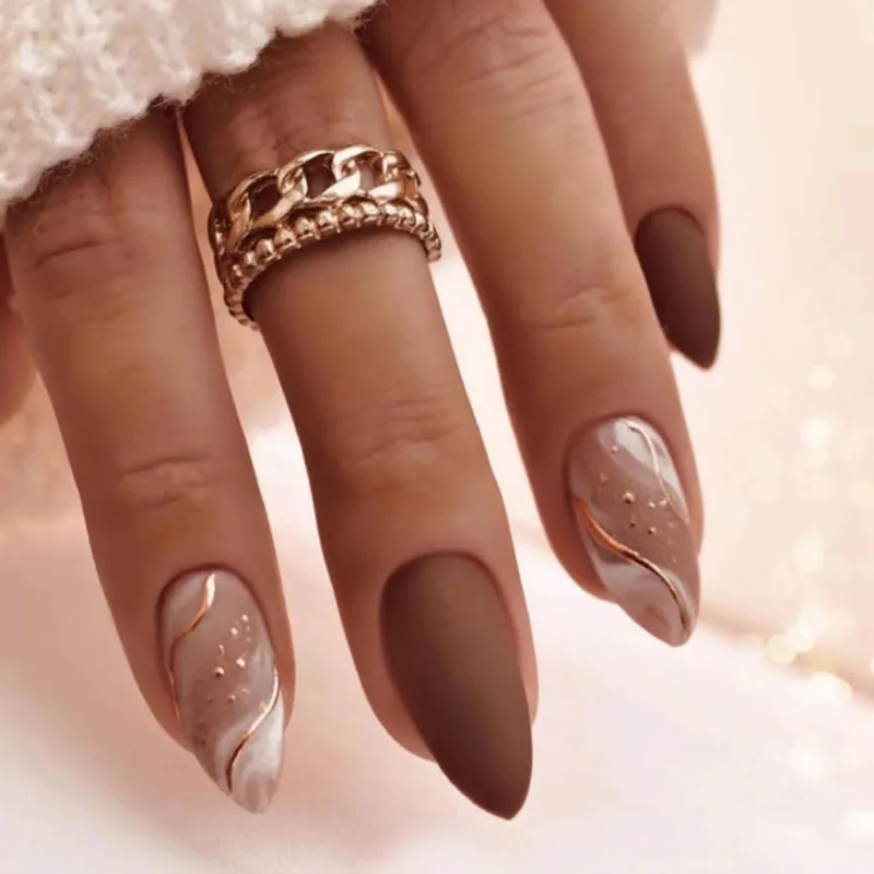 Medium Almond Matte Brown Abstract Swirls Medium Almond Matte Brown Abstract Swirls — Simple Winter Nails