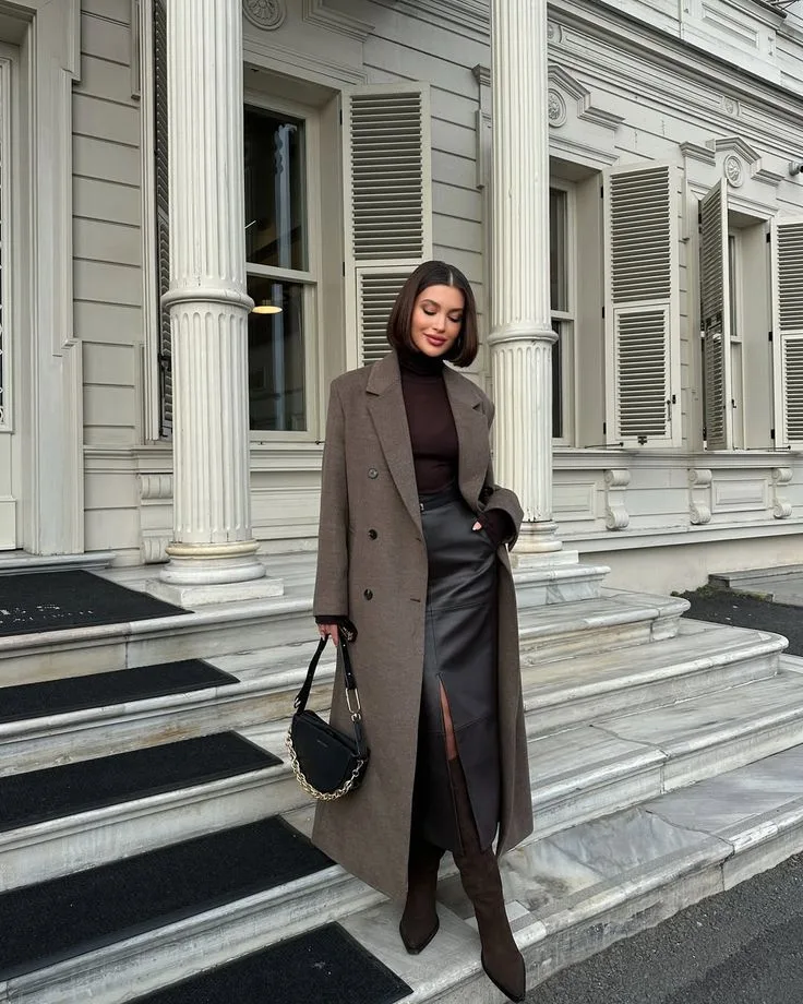 Oversized Brown Coat Over Faux Leather Skirt — Old Money Winter Outfits