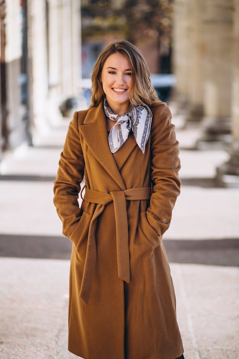 Belted Longline Brown Coat with Scarf for Smart Casual — Brown Coat Outfits