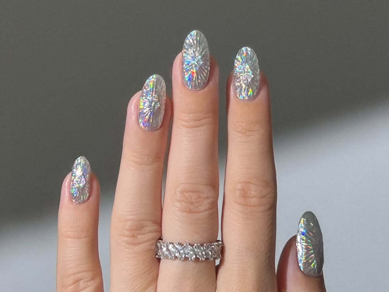 Holographic Foil Silver Medium Oval Holographic Foil Silver Medium Oval — Winter Nail Colors for Women Over 50