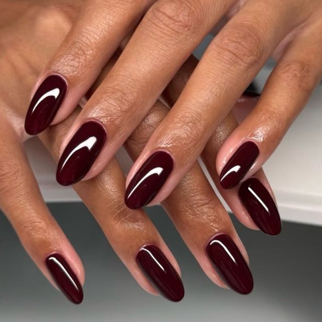 Glossy Deep Red Color Deep Red Glossy Oval Nails Glossy Deep Red Color Deep Red Glossy Oval Nails — Winter Acrylic Nail Colors