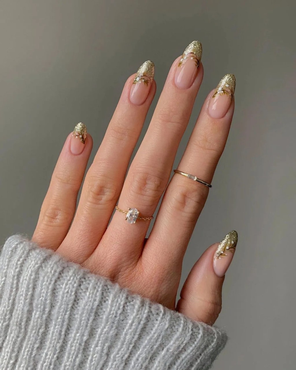 Nude Nails with Gold Glitter French Tips — Winter Nail Colors for Women Over 40