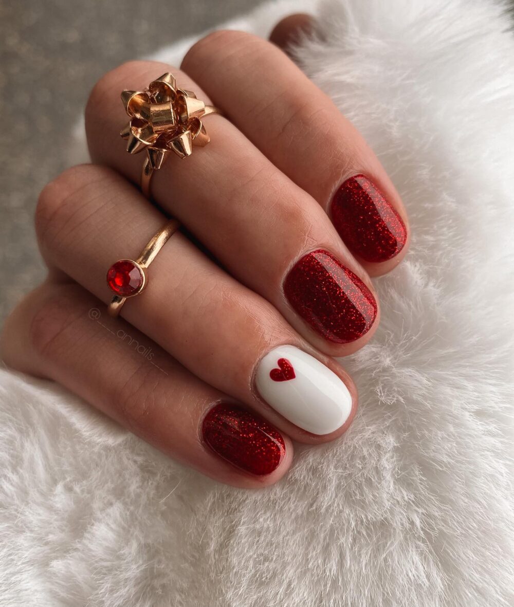 Festive Red Glitter with Heart Accent — Cute Winter Nails