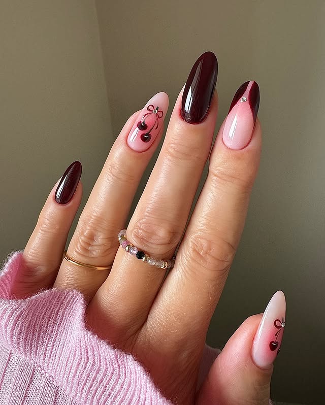 Long Almond French Tips with Cherry Art Long Almond French Tips with Cherry Art — Cherry Red Nails