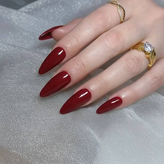 Deep Red Glossy Stiletto Nails — Winter Nail Colors for Pale Skin