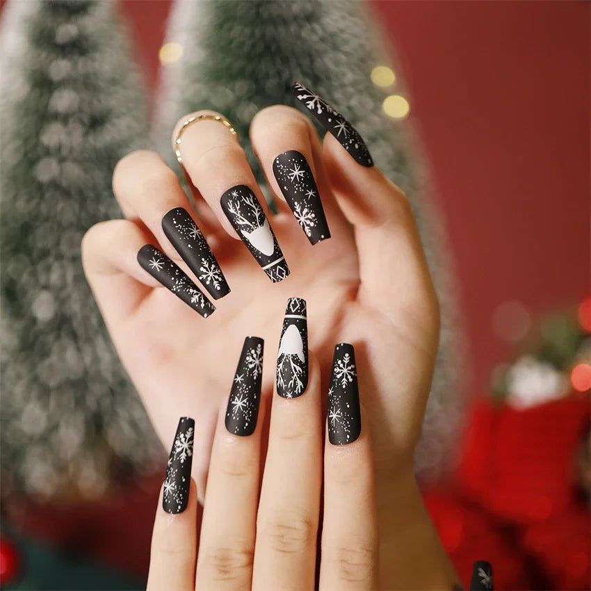 Matte Black with White Winter Motifs — Winter Nail Art