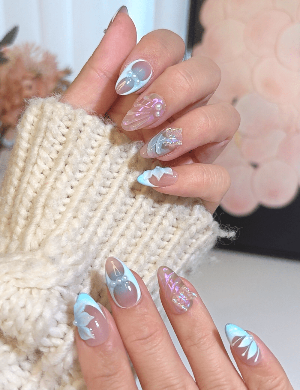 One Hand Close-Up Light Blue Shimmer with 3D Embellishments — Icy Blue Nails