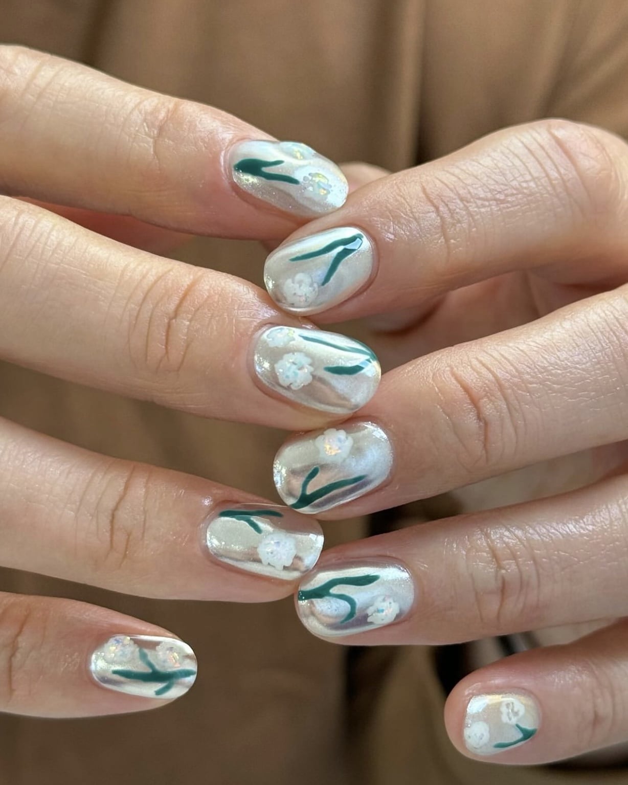 Pearlescent Floral Leaf Square Pearlescent Floral Leaf Square — Winter to Spring Transition Nails