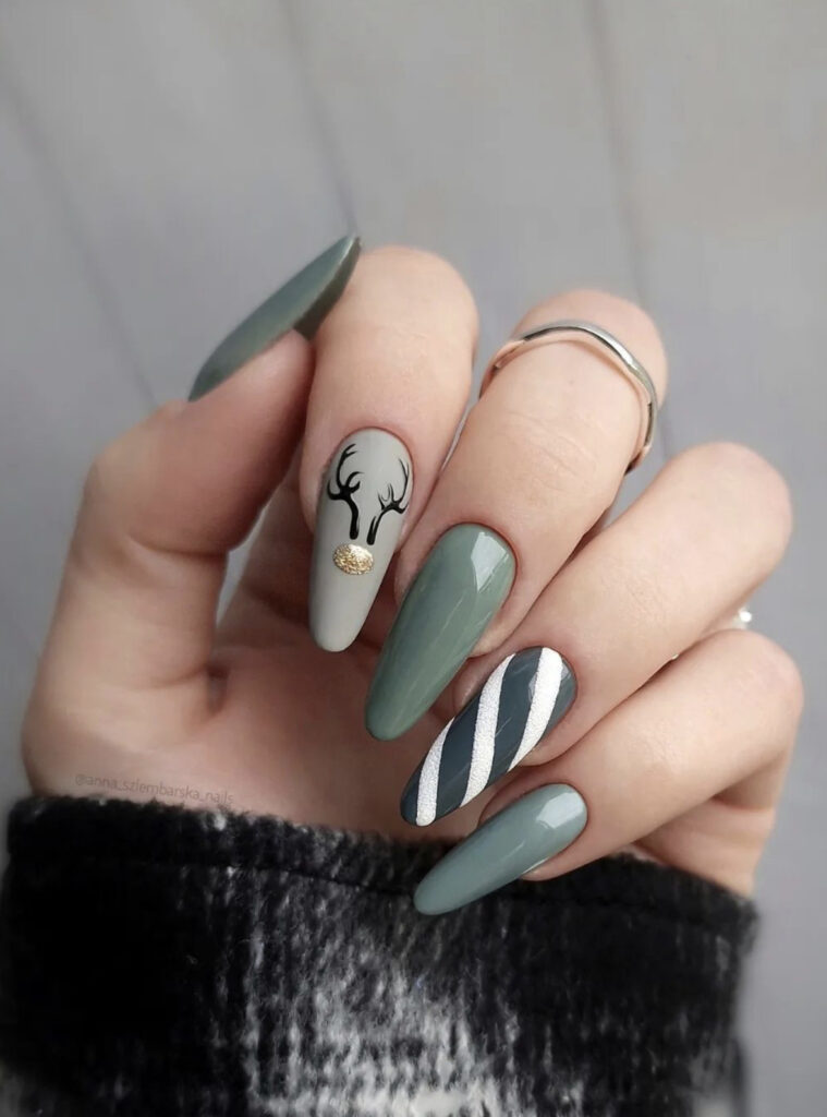 Sage Green Deer Head Coffin Nails Sage Green Deer Head Coffin Nails — Long Winter Nails