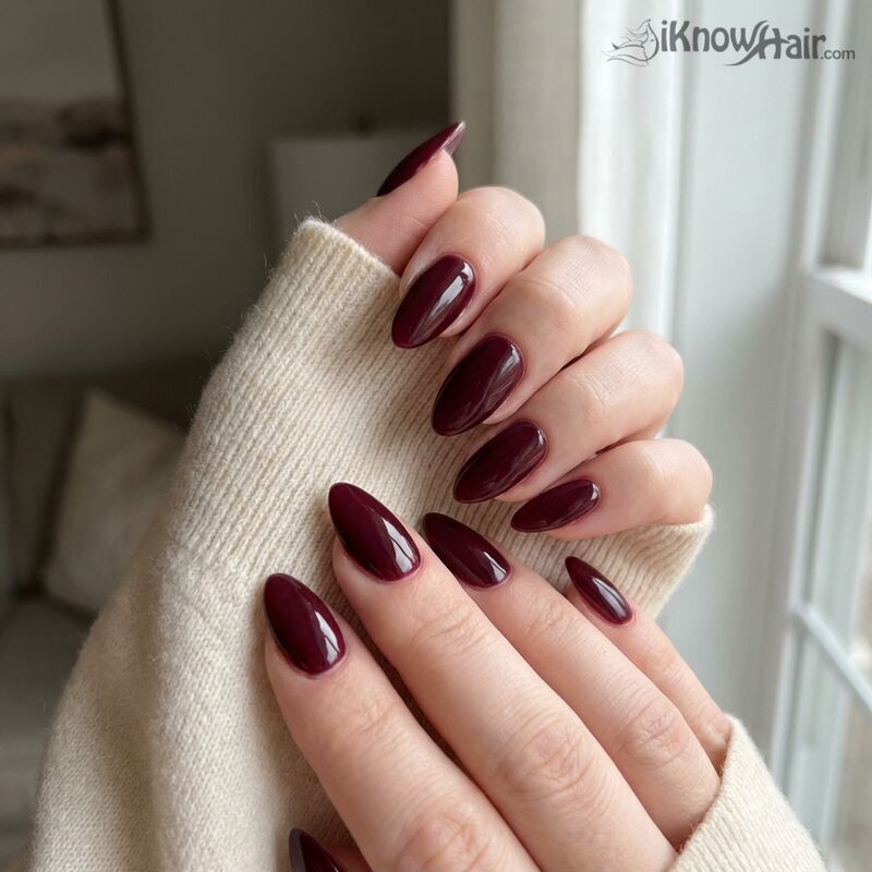 Deep Burgundy High Gloss Almonds — Short Winter Almond Nails