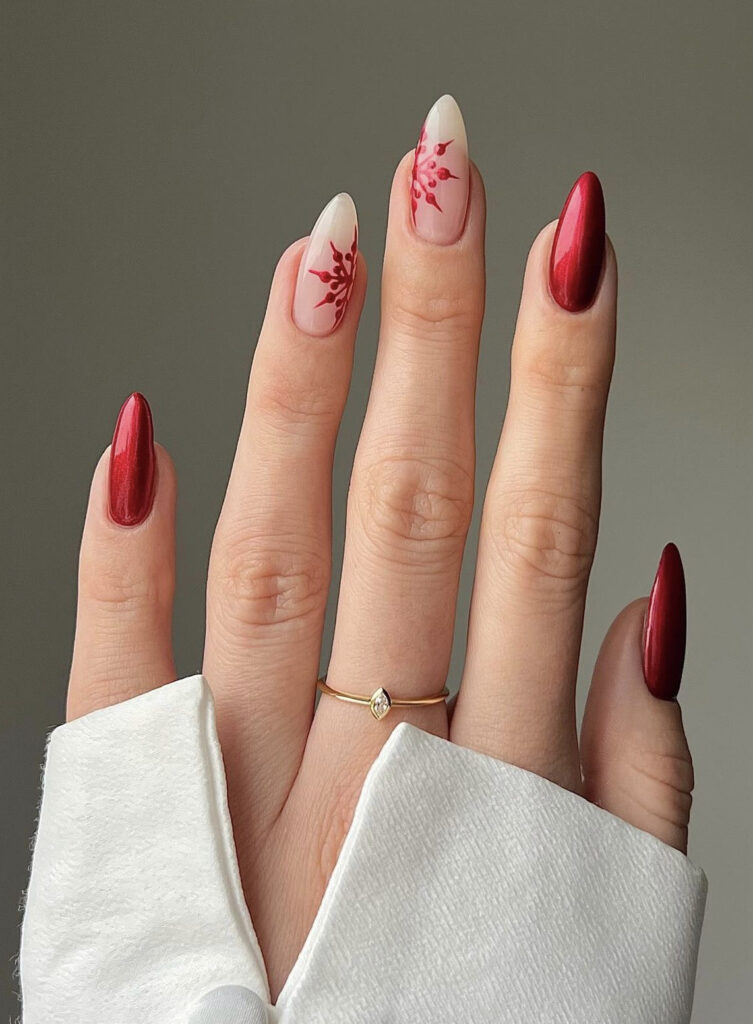 Long Stiletto Deep Red Snowflake Shimmer Long Stiletto Deep Red Snowflake Shimmer — Simple Winter Nails