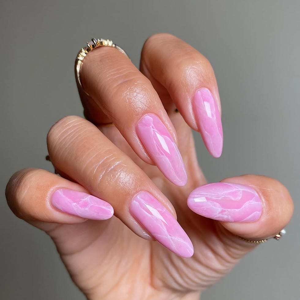Light Pink Realistic Marble Almonds — Winter Marble Nails