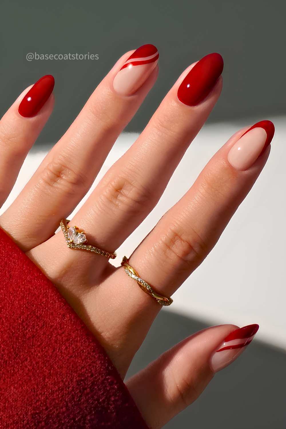 Modern Red French with White Line Accent Modern Red French with White Line Accent — Winter Red Nails