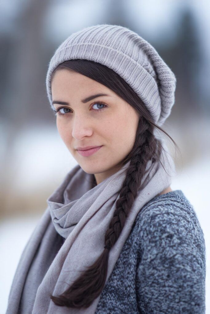Dark Brown Braid Under Beanie and Scarf Dark Brown Braid Under Beanie and Scarf — Winter Hairstyles with Scarf