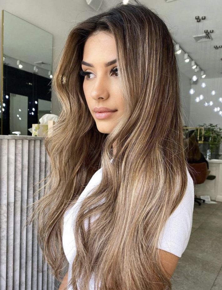 Mid-Back Medium Brown With Dimensional Blonde Highlights — Blonde to Brunette Hair