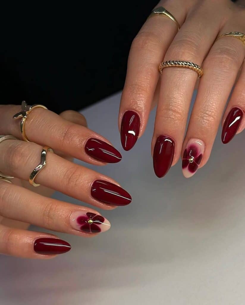 Glossy Deep Red Stilettos with Floral Art Glossy Deep Red Stilettos with Floral Art — Cherry Red Nails