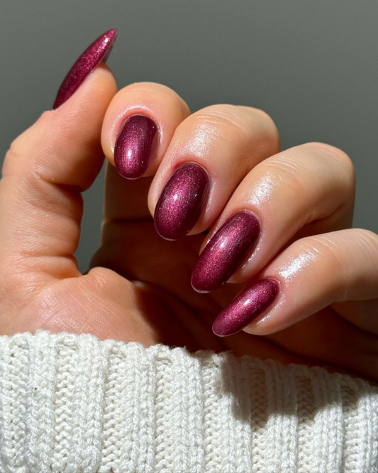 Pretty Burgundy Oval Nails with Floral Accent and Gold Stud — Burgundy Nails