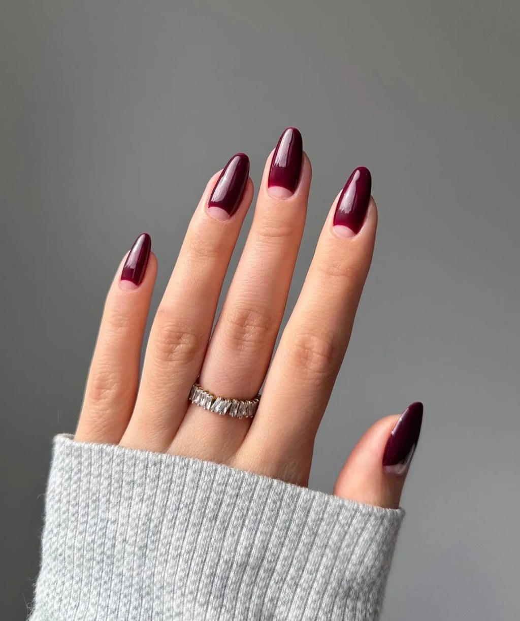 Half-Moon Tip Deep Burgundy Almond Nails — Winter Formal Nails