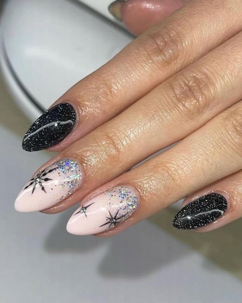 Black Glitter Starbursts on Pink Black Glitter Starbursts on Pink — Winter Glitter Nails