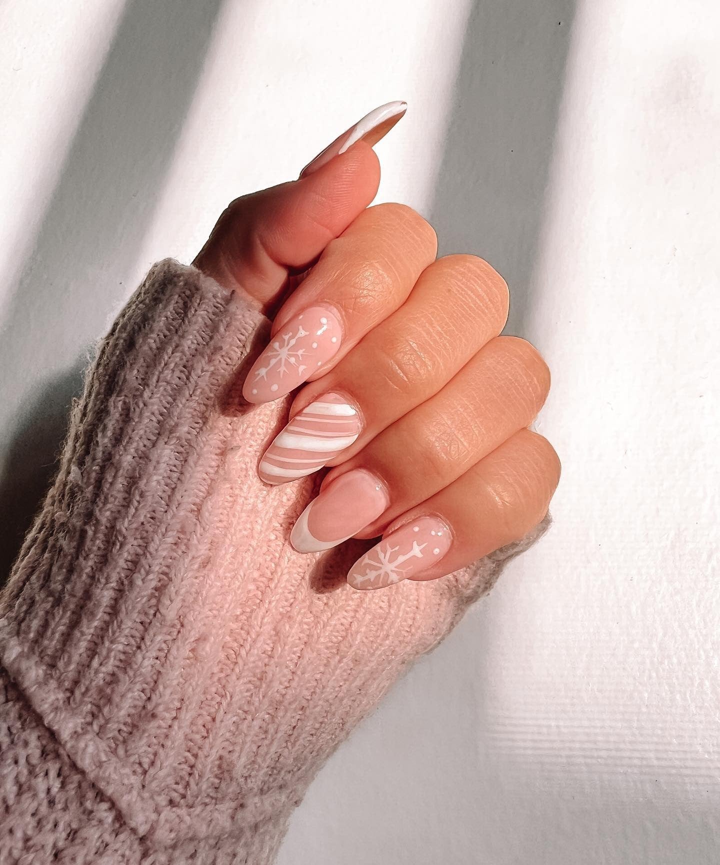 Pale Pink Nails with Snowflake and Candy Cane Art — Winter White Nails