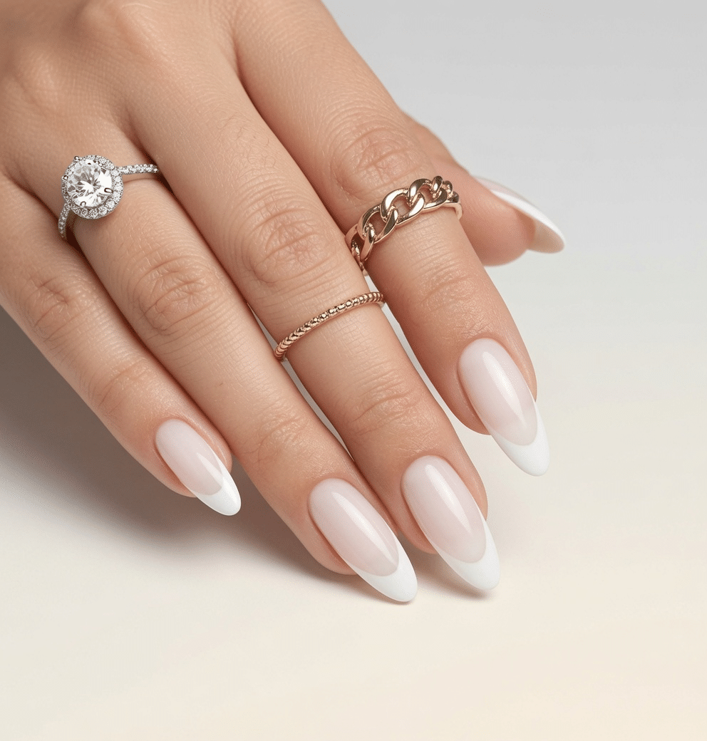 Medium Almond Classic Milky Pink French Medium Almond Classic Milky Pink French — Milky White Nails