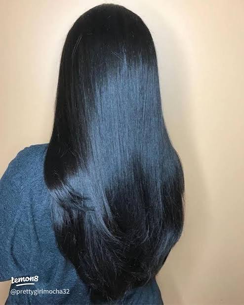 Mid-Back Shiny Jet Black Layered Blowout Back View Mid-Back Shiny Jet Black Layered Blowout Back View — Jet Black Hair