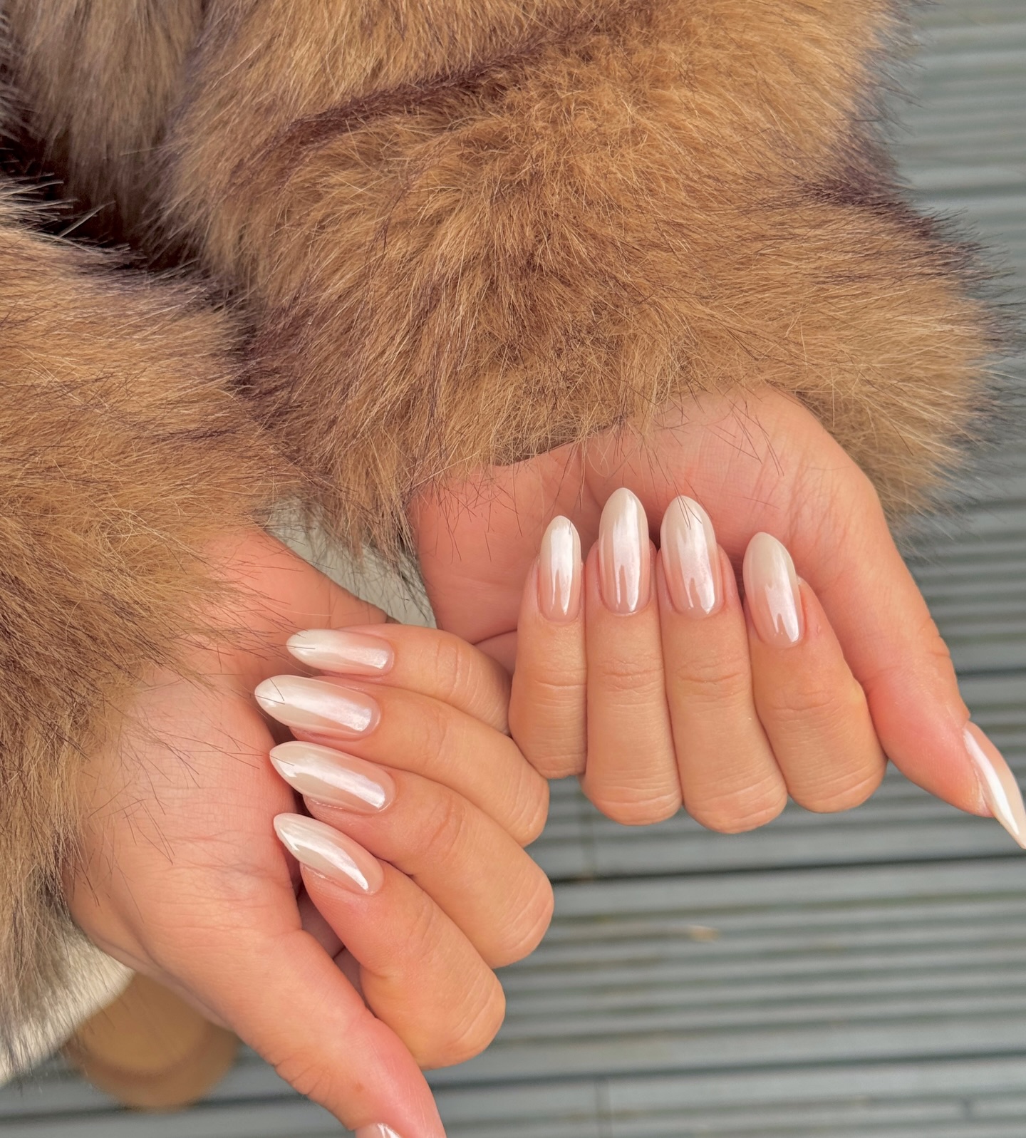 Pearlescent White Shimmer Almond Nails Pearlescent White Shimmer Almond Nails — Winter Dip Powder Nails