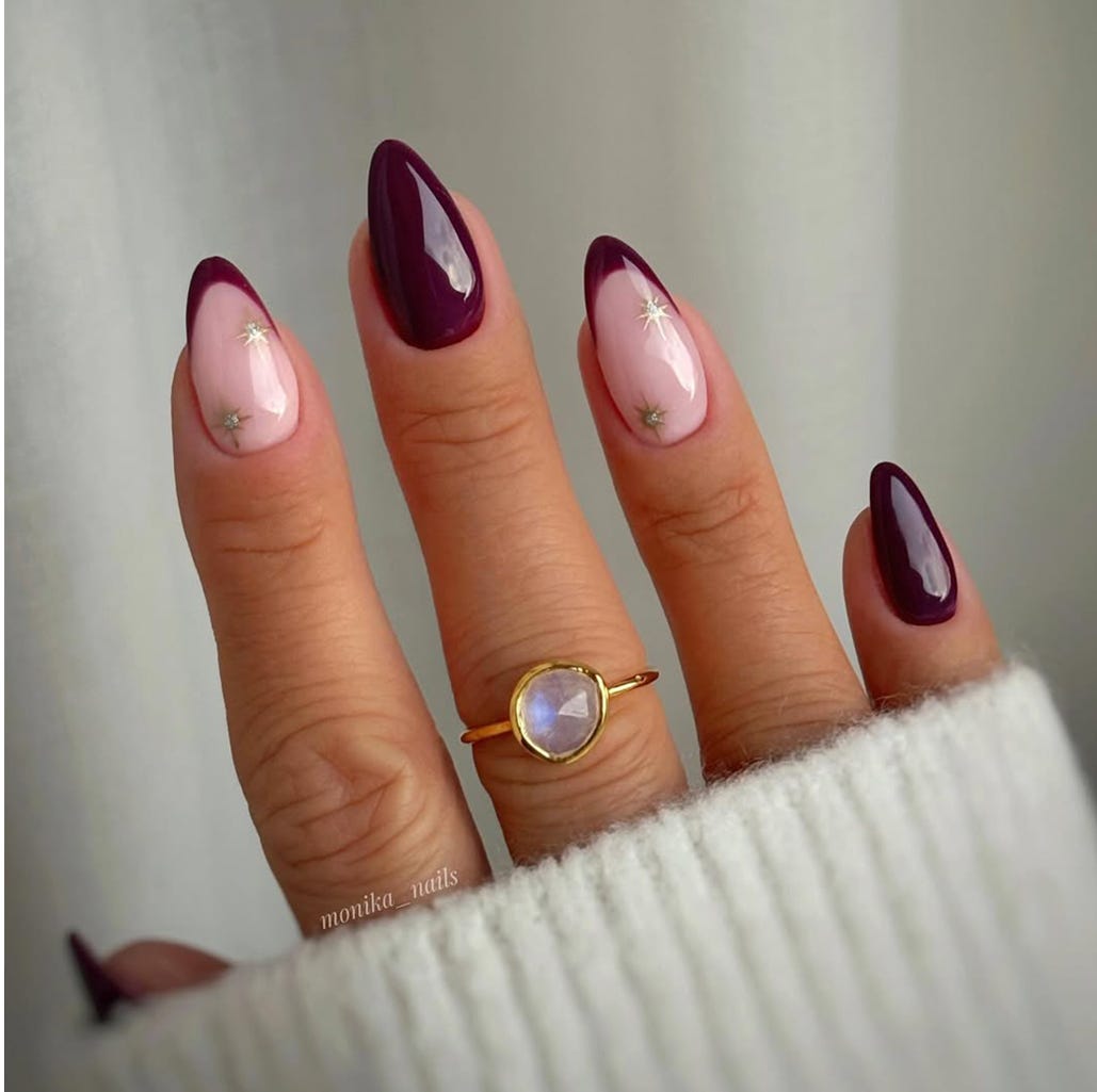 Deep Plum Star French Almond Nails Deep Plum Star French Almond Nails — Medium Length Winter Nails