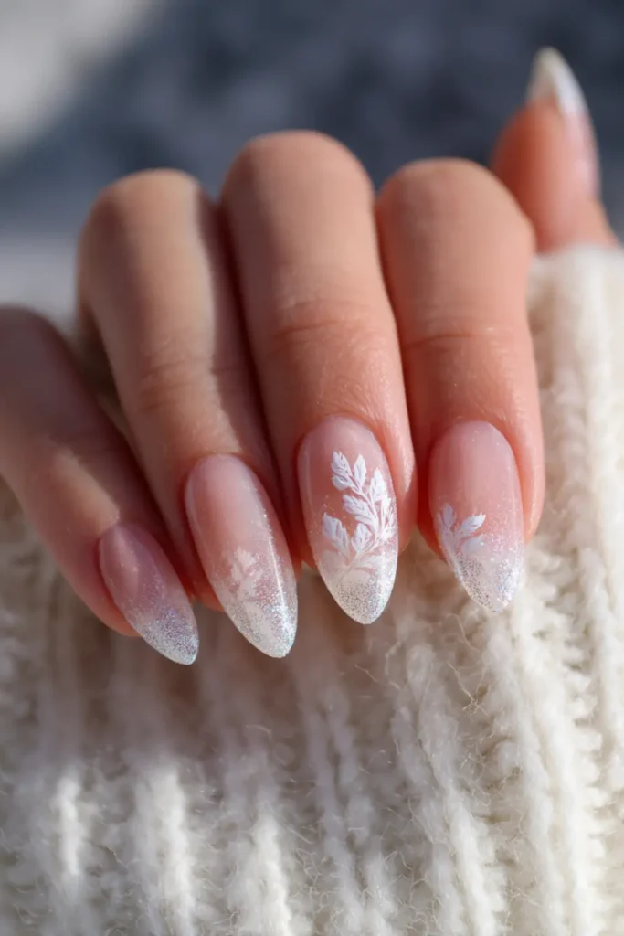 Nude Gradient Almond Nails With White Vines — Winter Almond Nails