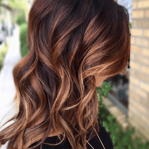 Wavy Medium Density Collarbone Dark Brown With Caramel Highlights — Winter Hair Colors for Brown Eyes