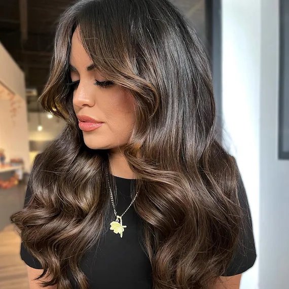 Collarbone Waves With Caramel — Dark Winter Hair Colors