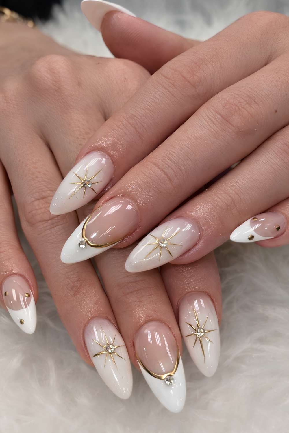 Glamorous Gold Stars on Sheer Almond Nails Glamorous Gold Stars on Sheer Almond Nails — Winter Nail Designs