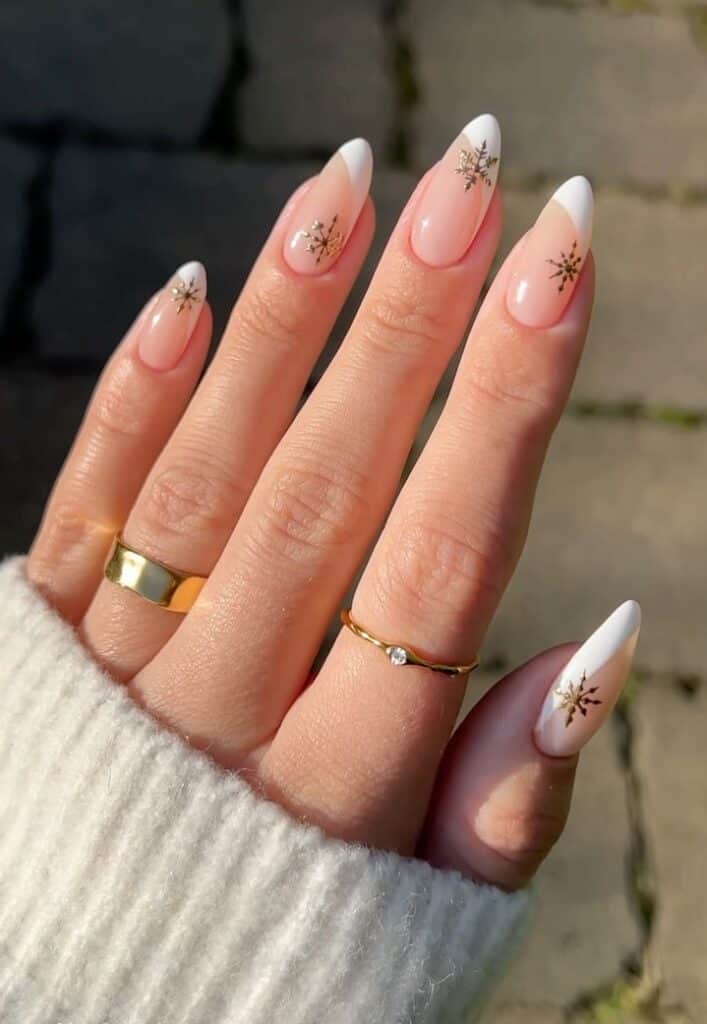 Gold Snowflake French Almond Nails — Winter Almond Nails