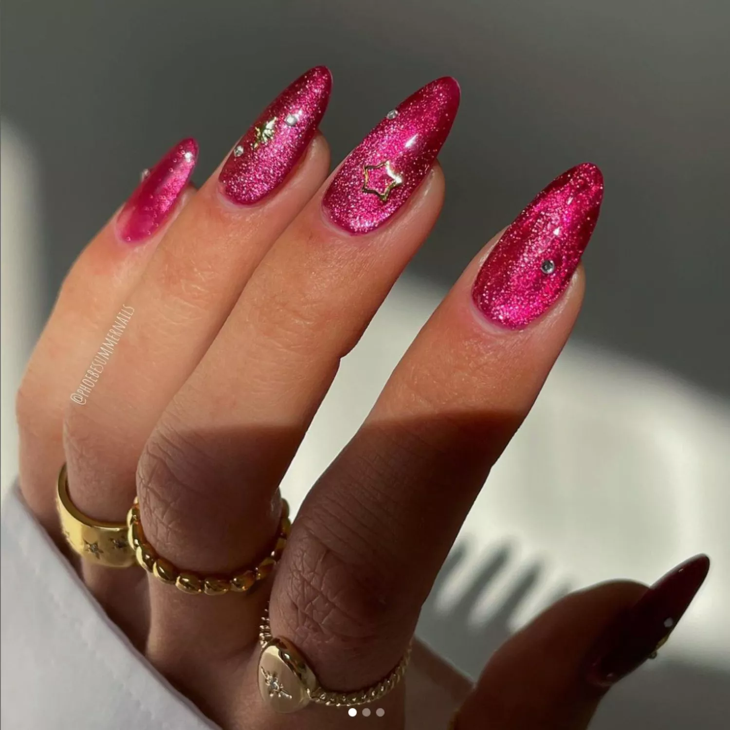 Hot Pink Glitter Rhinestone Charm Nails Hot Pink Glitter Rhinestone Charm Nails — Winter Nails