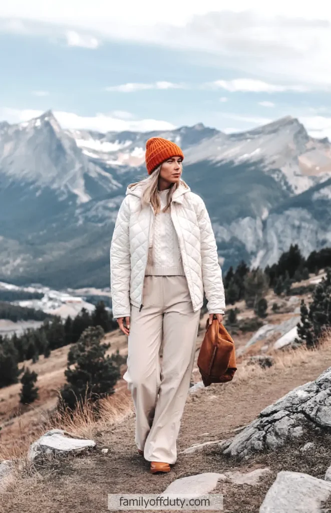 Quilted Jacket and Cable-Knit Sweater for a Mountain Cabin Excursion Quilted Jacket and Cable-Knit Sweater for a Mountain Cabin Excursion — Cabin Trip Outfits