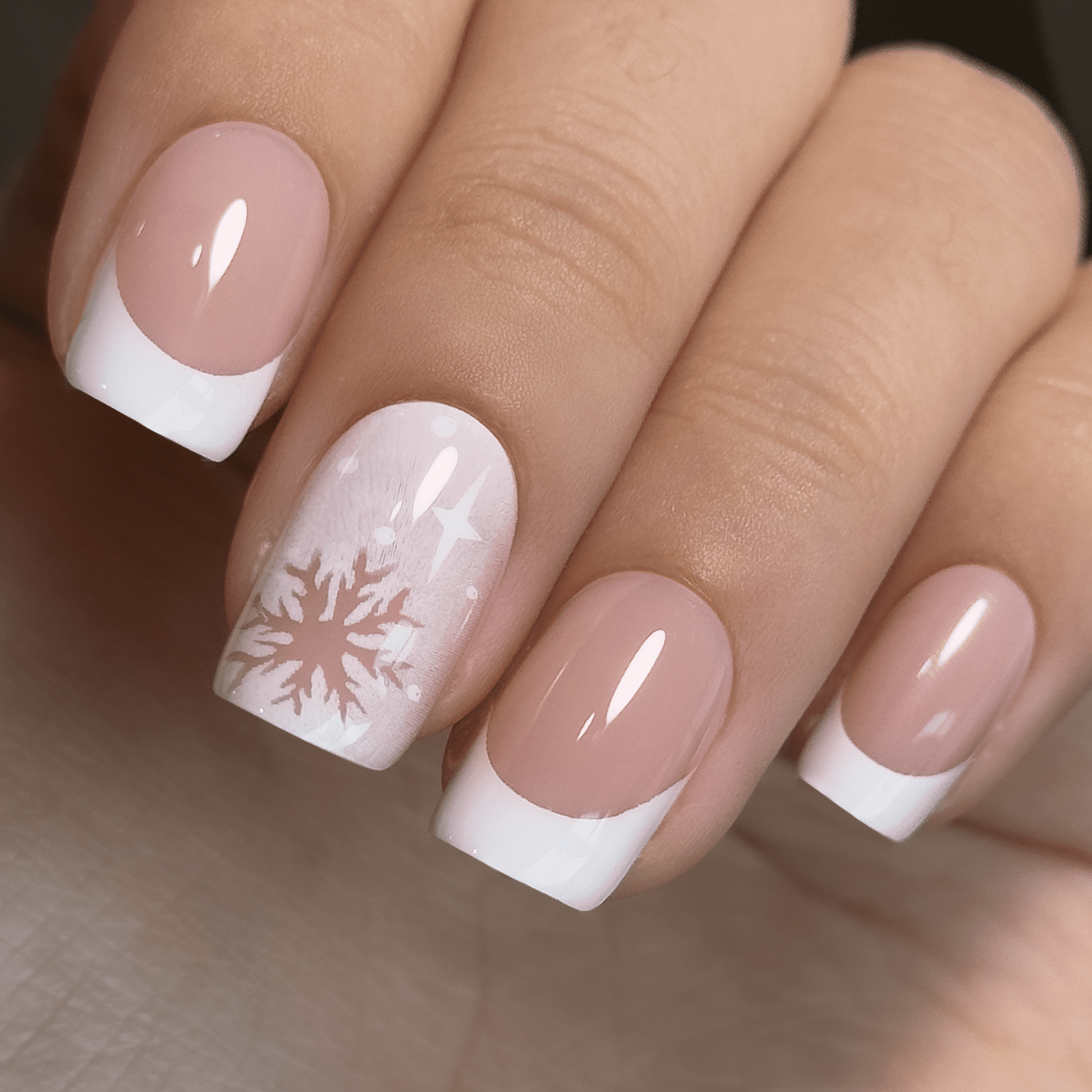 Glossy Snowflake French Accent Squovals Glossy Snowflake French Accent Squovals — Winter Squoval Nails
