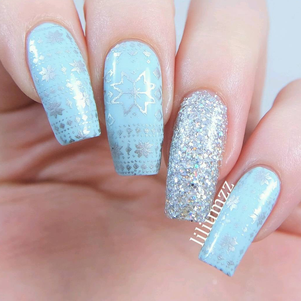 Light Blue Fair Isle Stamped Nails — Winter Wonderland Nails