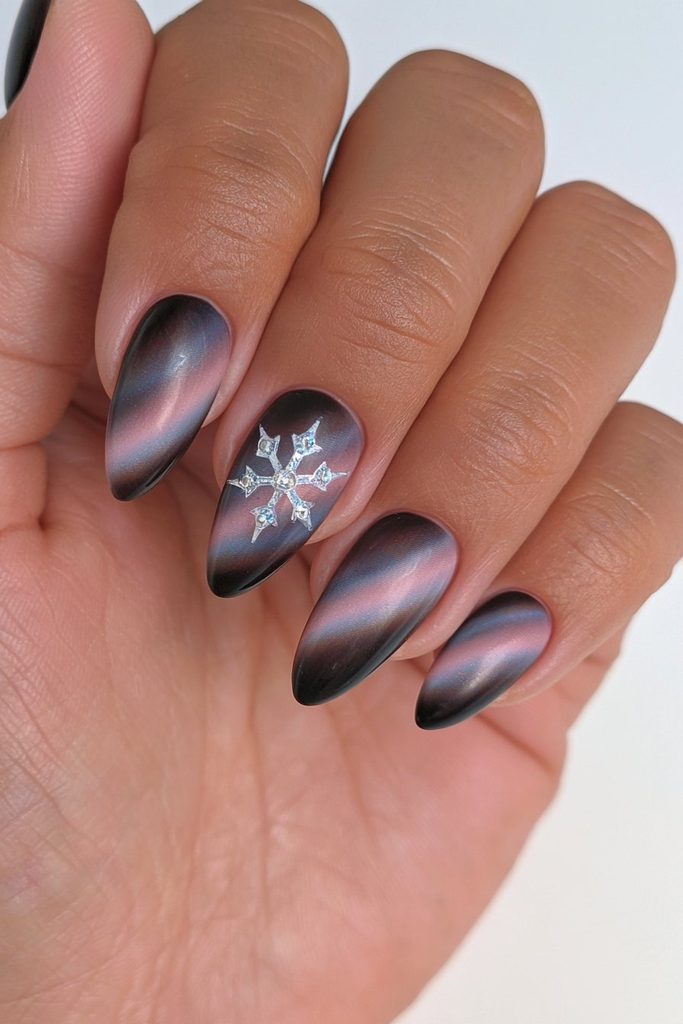 Dark Brown Cat Eye with Snowflake Accent — Winter Cat Eye Nails