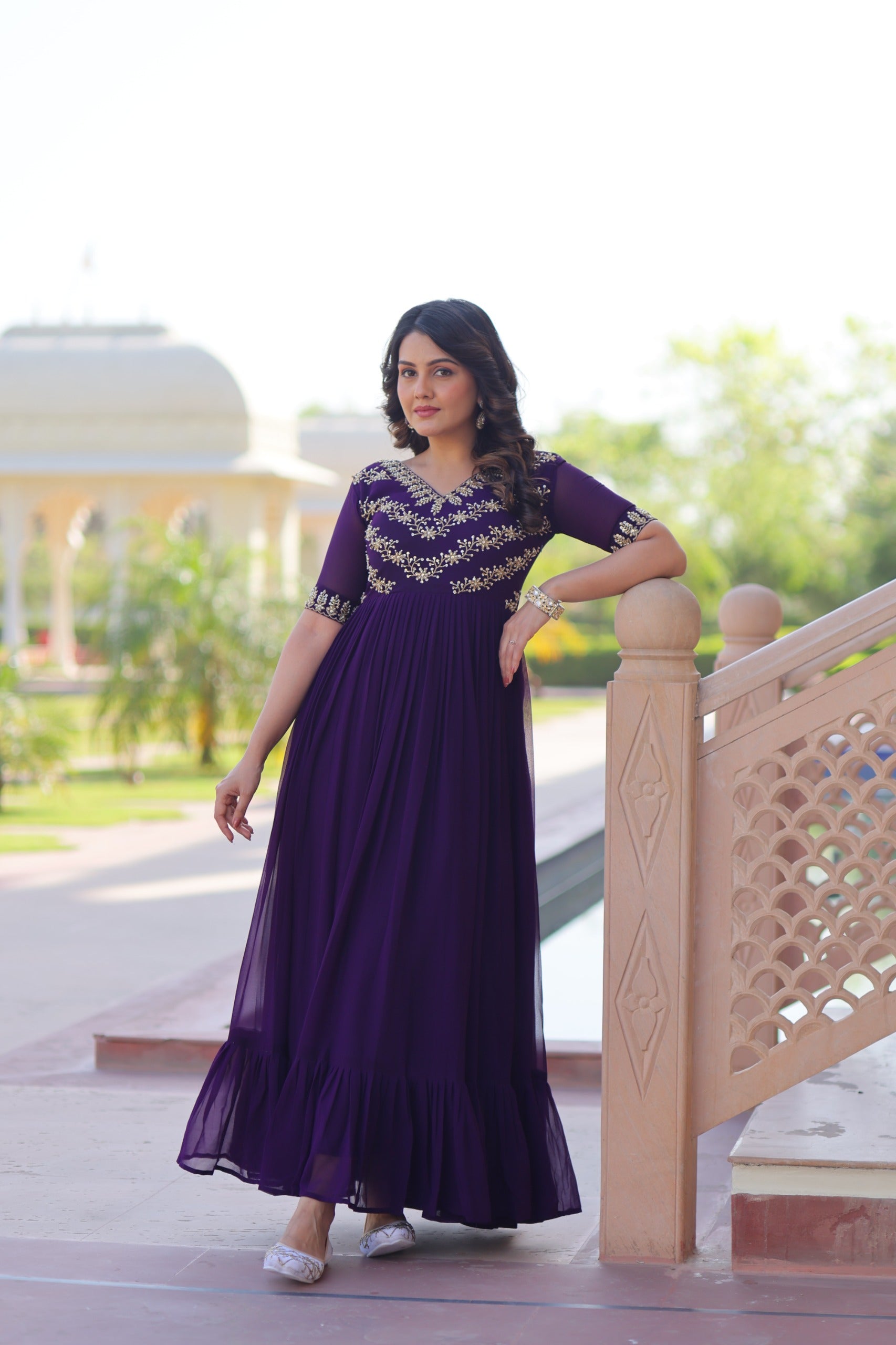 Embroidered Royal Purple Gown with Sequins and Ruffled Hem — Royal Purple Outfits