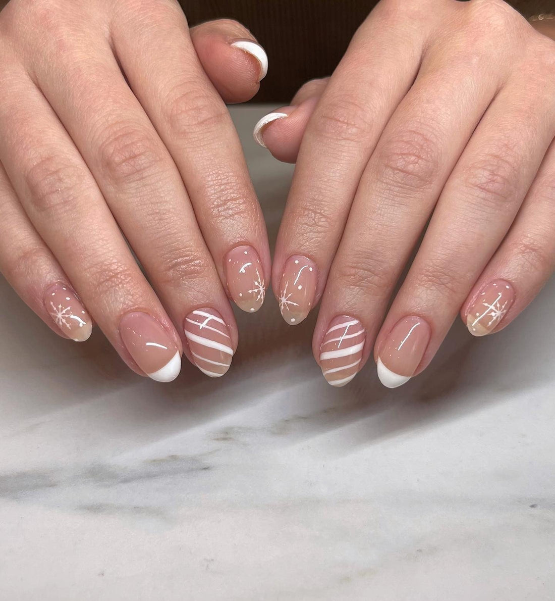 Short French Snowflake Stripe Nails Short French Snowflake Stripe Nails — Classy Winter Nails