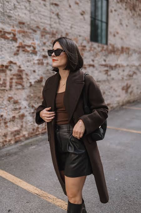 Brown Wool Coat with Ribbed Top and Leather Shorts — Brown Coat Outfits