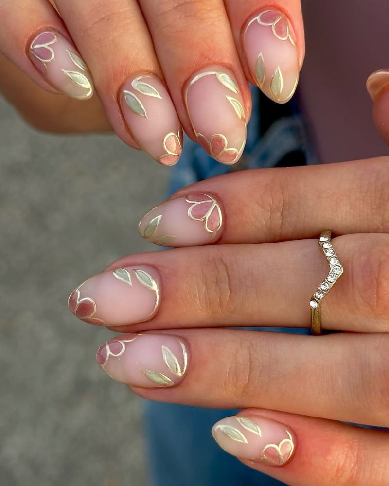 Nude Outline Floral Leaf Almond Nude Outline Floral Leaf Almond — Winter to Spring Transition Nails
