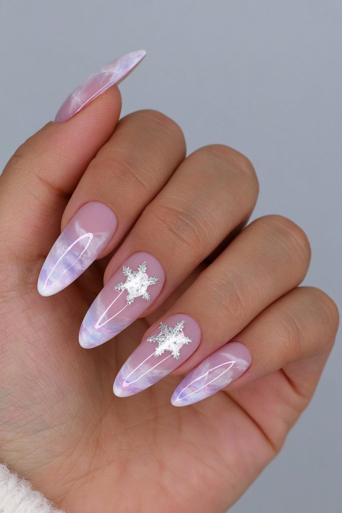 Iridescent Marble Snowflake Stilettos Iridescent Marble Snowflake Stilettos — Winter Acrylic Nails