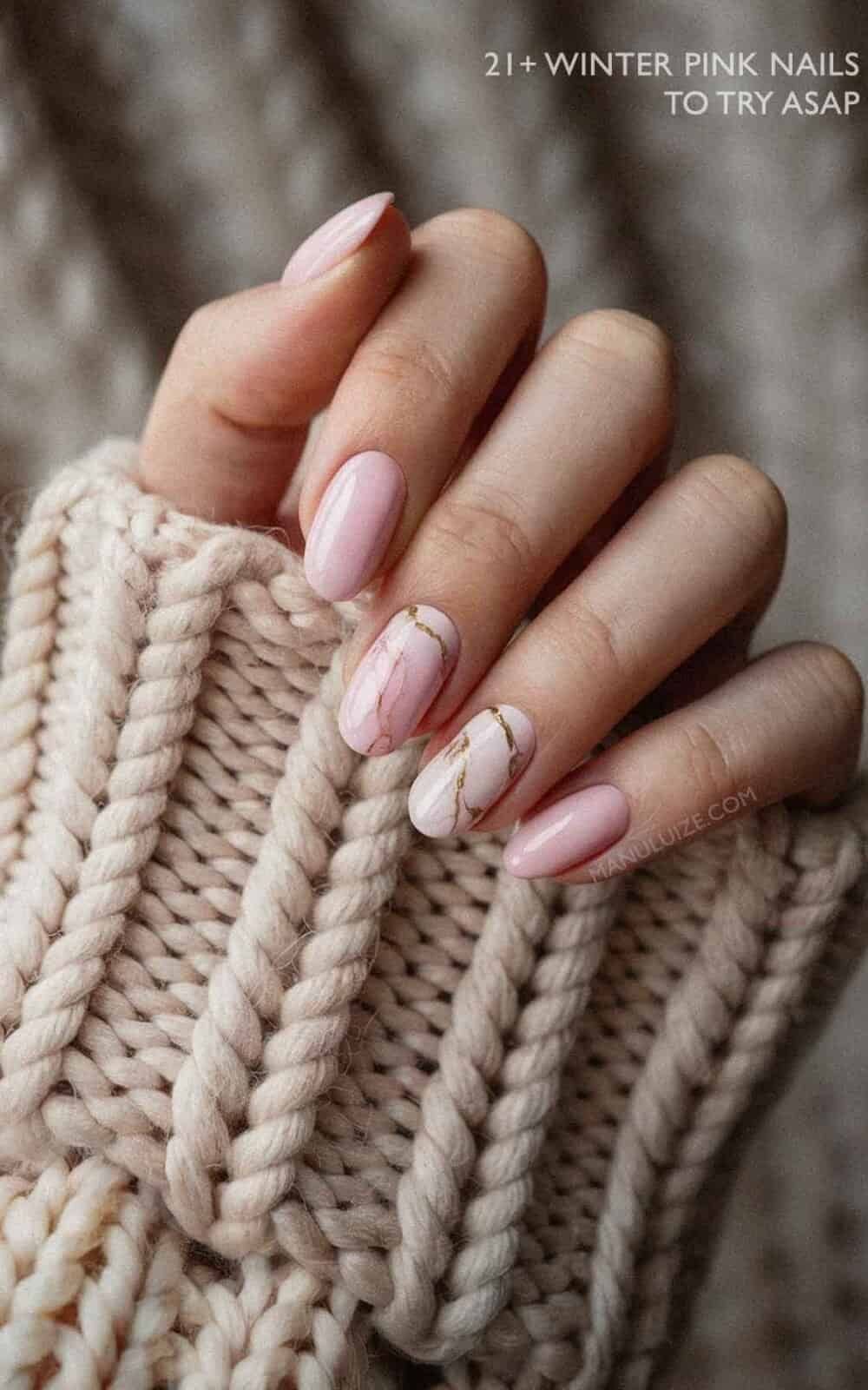 Pale Pink Marble Gold Foil Almonds — Short Winter Almond Nails