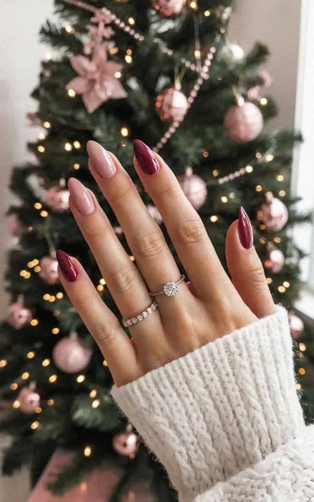 Contrasting Burgundy and Dusty Rose Glossy Almond Nails — Burgundy Nails
