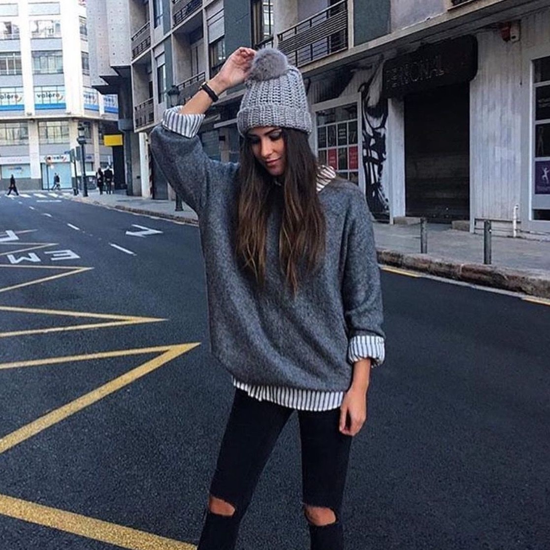Urban Cool: Grey Pom-Pom Beanie with Oversized Sweater Urban Cool: Grey Pom-Pom Beanie with Oversized Sweater — Beanie Outfits