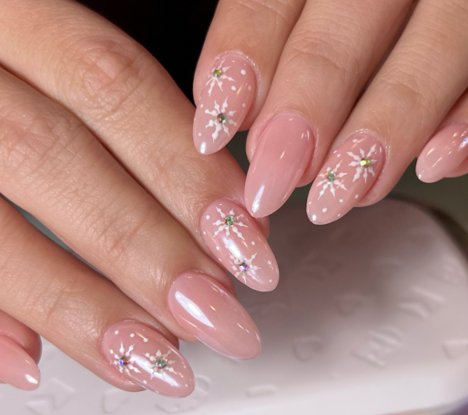 Pale Pink Almond with Snowflake & Rhinestone Art Pale Pink Almond with Snowflake & Rhinestone Art — Winter Pink Nails